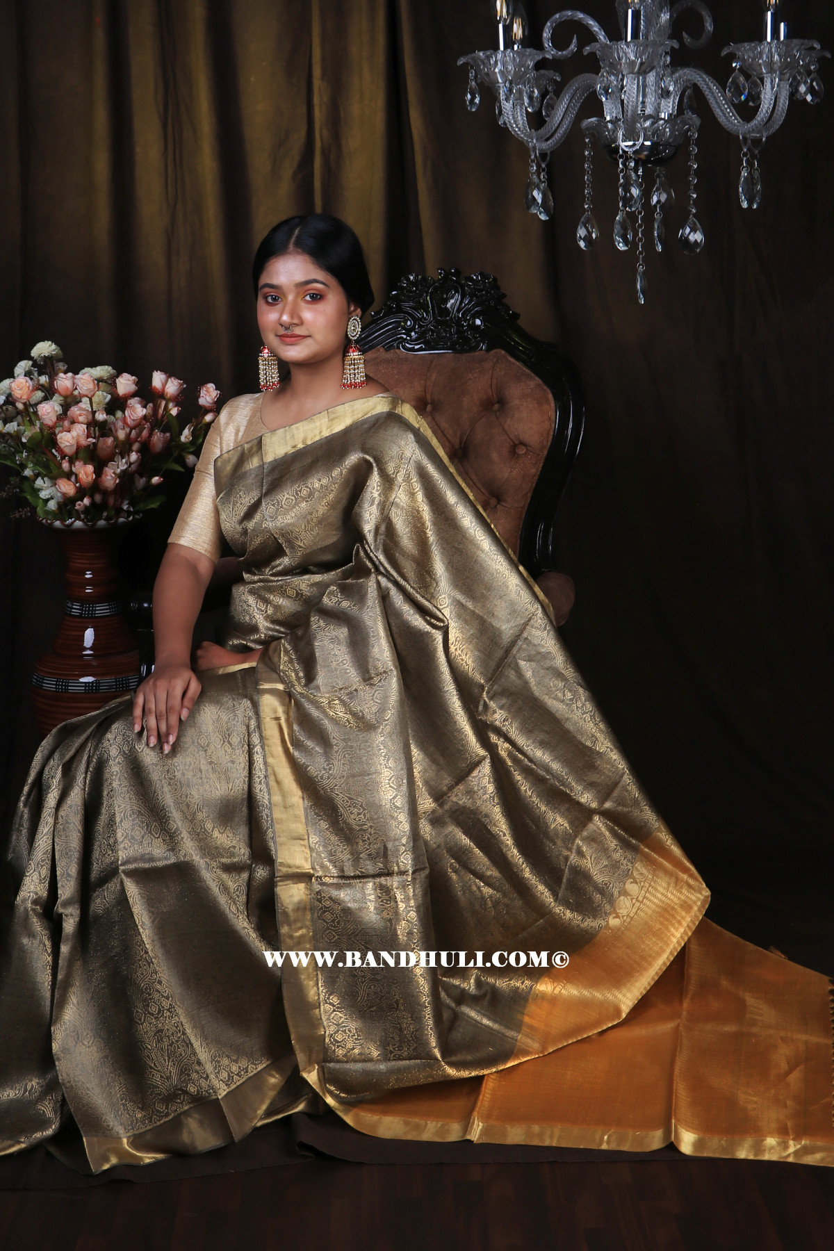 Golden Moss color Jala Weaving Tussar Saree 